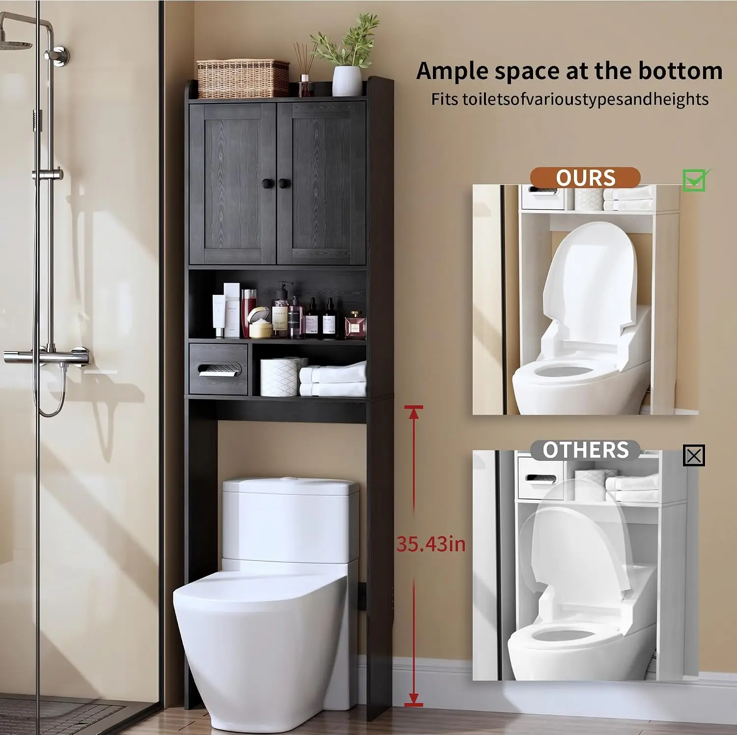 Over the Toilet Storage Cabinet,Tall Slim Bathroom Organizer with Doors, Adjustable Shelves & Built-in Toilet Paper Holder, Spac