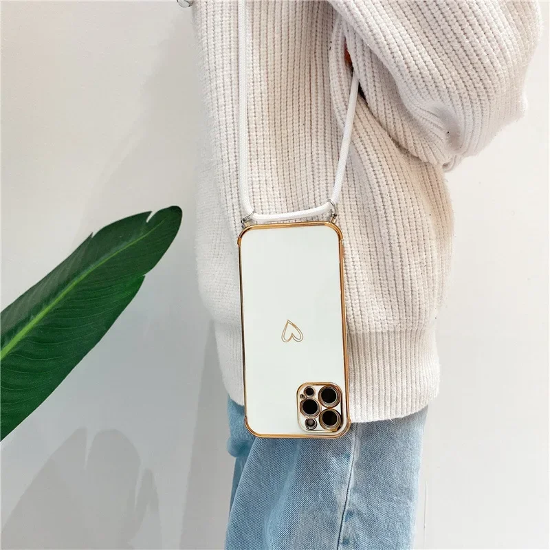 Electroplating Love Heart Crossbody Lanyard Phone Case For IPhone 17 16 Pro Max 15 14 13 12 11 Xr SE2/SE3 Shockproof Back Cover