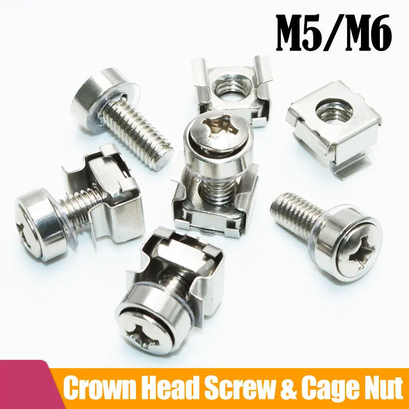 304 Stainless Steel Cabinet Screw M5 M6x16 for Network Storage Server Chassis Caged Nut Screws Washer Rack Bolt Mount Clip Nuts