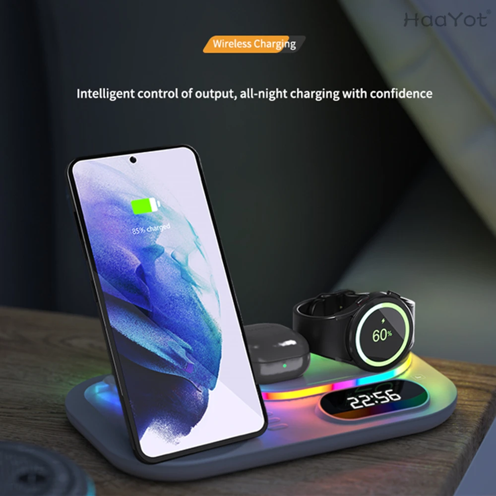 RGB Wireless Charger Dock 4 in 1 Charging Station For Apple Airpods iPhone 13 14 15 Galaxy S23 Ultra Galaxy Watch 6 5 4 3 Buds