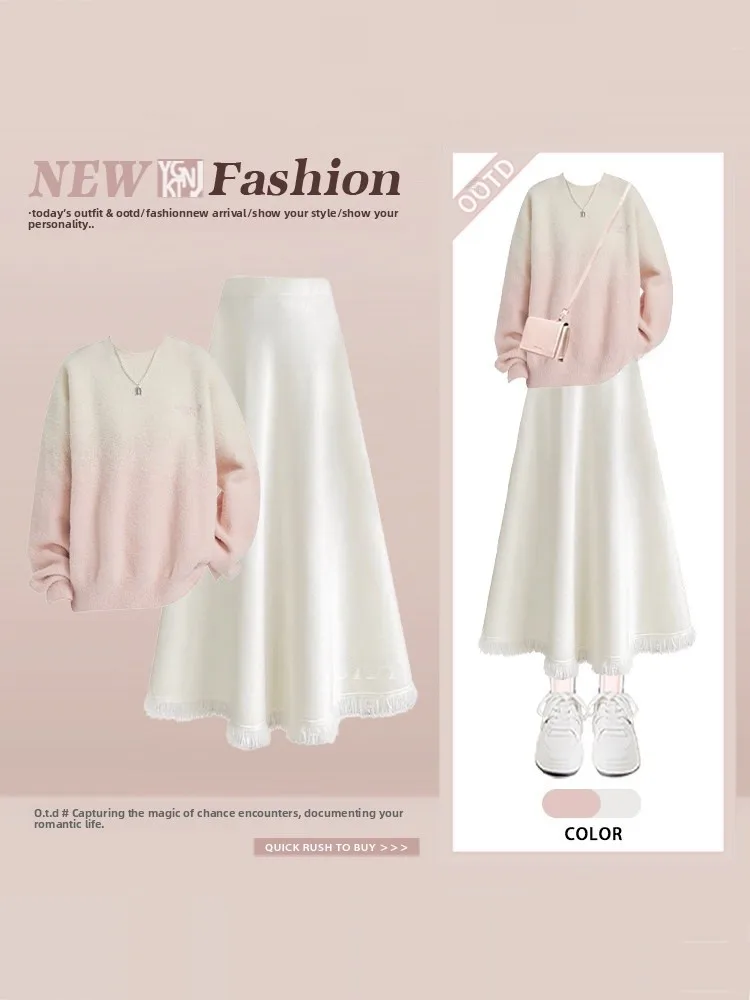 

Spring adual Pink Knitted Sweater Loose round Ne High Waist White Skirt Two Piece Set Women Ele Sle Long Sve