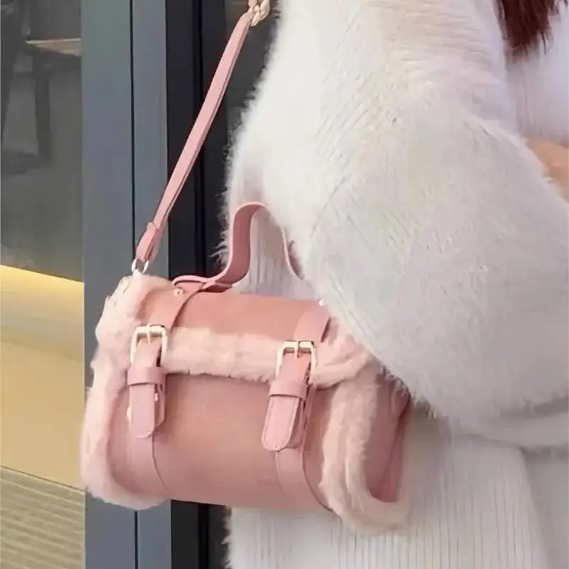 Sweet Cute Pink Handbag Women Studded Fuzzy Trim Large Capacity Shoulder Bags Ladies Gentle Fashion Niche Design Crossbody Bag