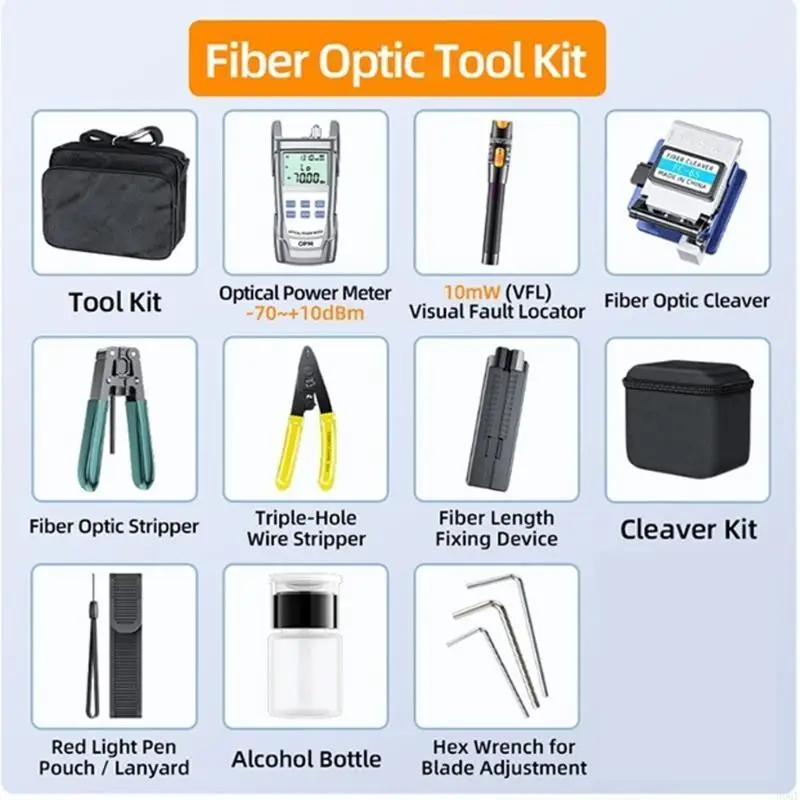 

900F Essential Fiber Optics Installation Tools With Cleaver Stripper Power Meter Cable Tester Set
