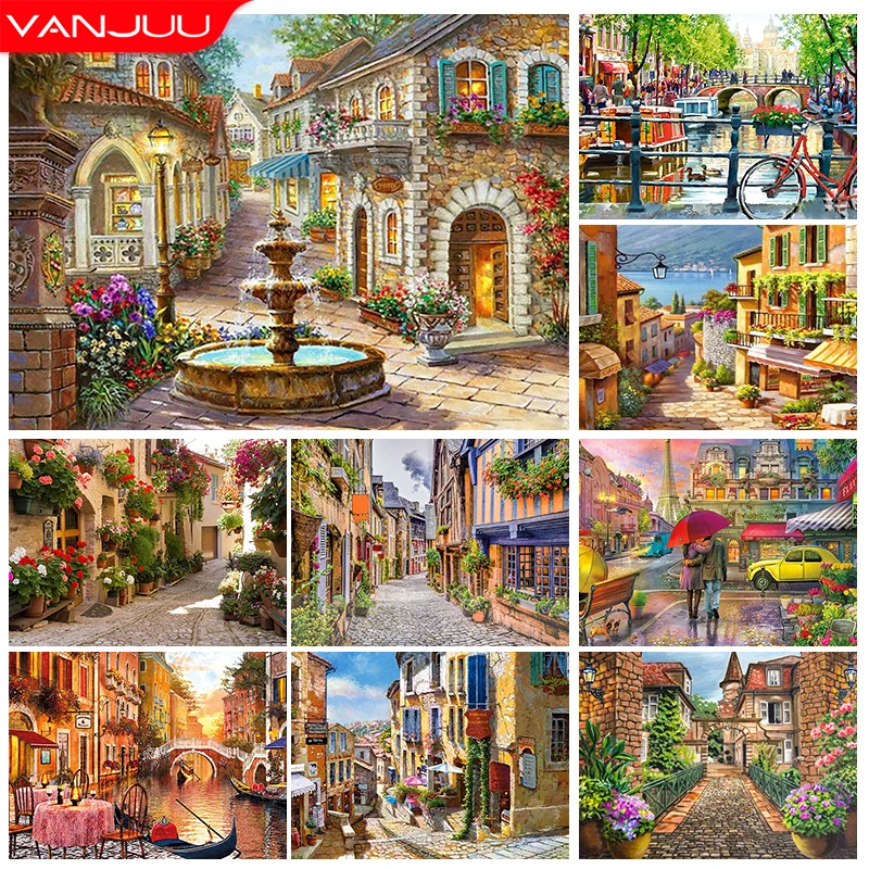 

5D DIY Diamond Mosaic Painting City Street Landscape Full Drill Embroidery Scenery Picture of Rhinestone Wall Art Home Decor