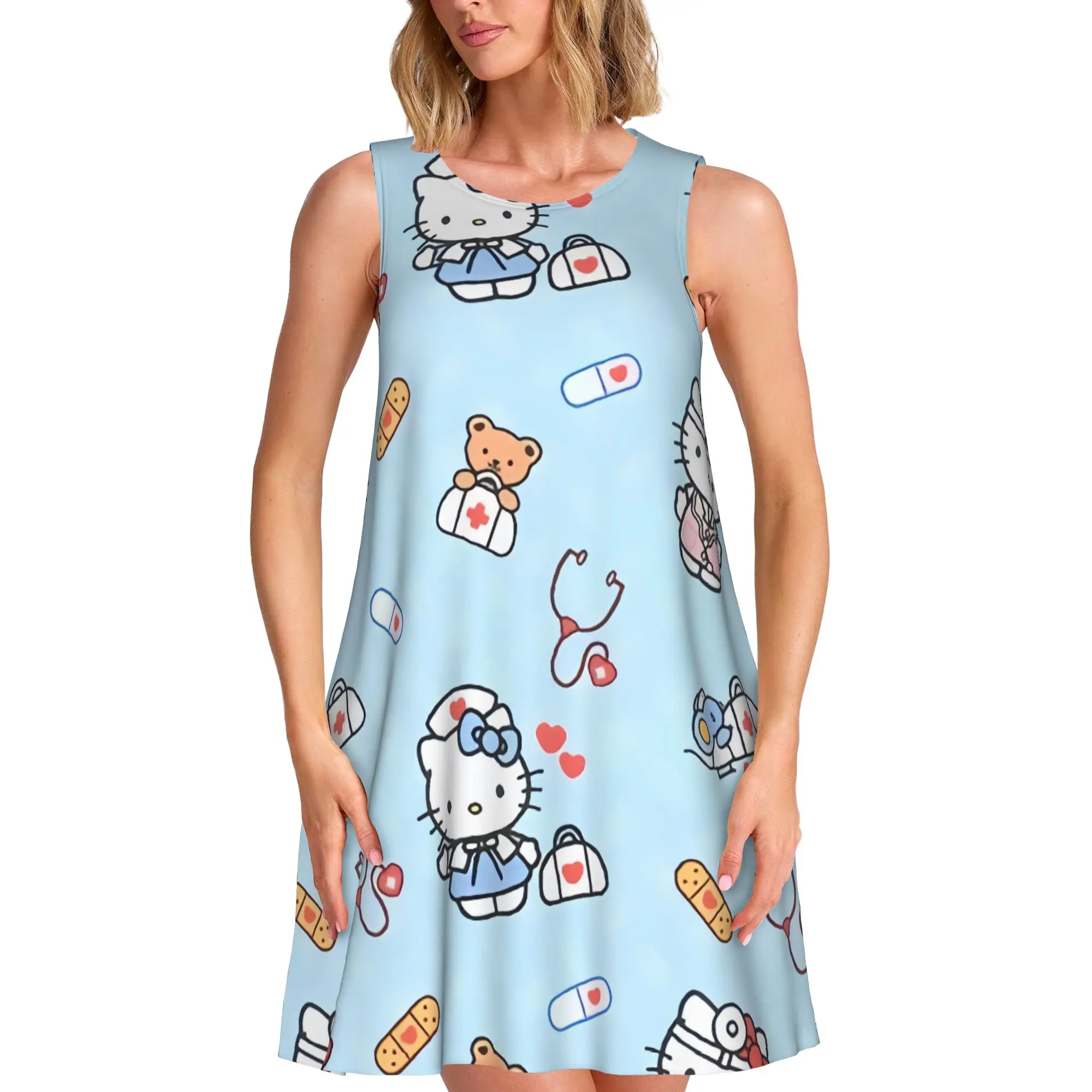 Летние женские платья с принтом hello Kitty, платье без рукавов, повседневная юбка, повседневная базовая одежда