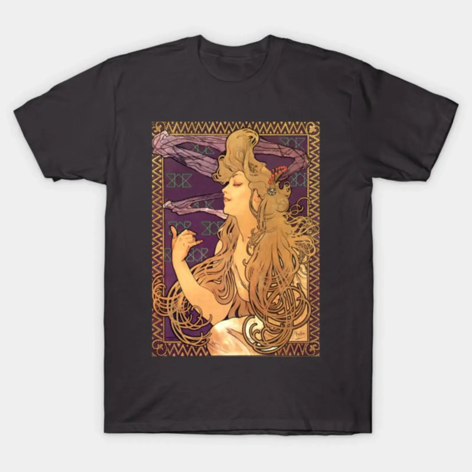 Job by Alphonse Mucha T Shirt vintage Washed Stylish homme Unisex streetwear Stretched Slightly Top For Everyday Wear