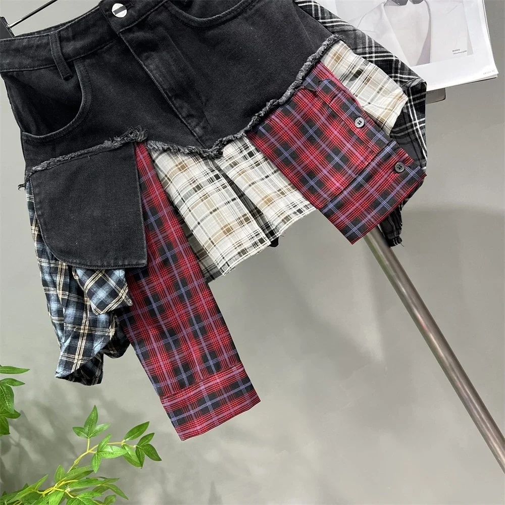 Mode Retro Onregelmatige Patchwork Plaid Denim Rokken Vrouwen Hoge Taille Zomer Jeans Mini Rok Dames Rokken Jupe Femme