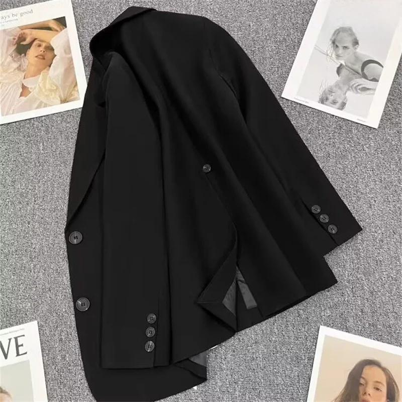 

Черный женский пиджак весна 2023, повседневный стиль, стандартной толщины, из полиэстера, с разрезом сзади, элегантный, стильный