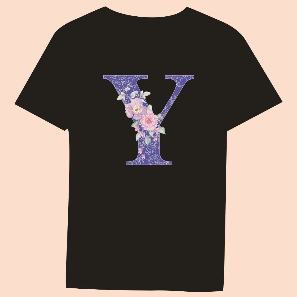 Women Summer Round Neck Slim Fit Commuter Short Sleeve Ladies Fashion Clothes Top T-Shirt Casual Top Purple Floral Letter Print