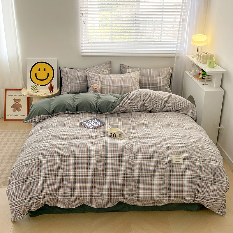 

Nordic Plaid Pattern Wash Cotton Bedding Set Duvet Cover Pillowcase Bed Sheet Set Comforter Cover Bed Linens Set Queen King Size