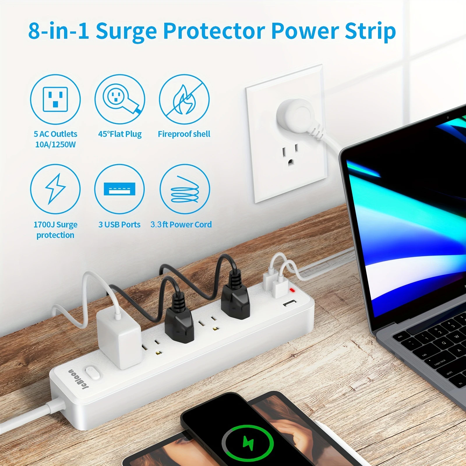 US Plug Power Strip Electrical Socket 5 AC Outlets 3 USB Ports 3.3FT/6FT Extension Cable Multiprise Network Filter Fast Charging