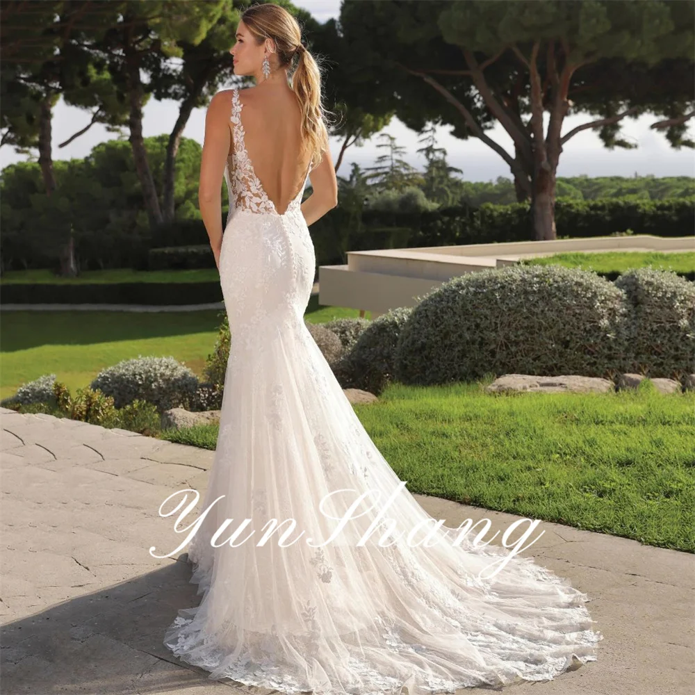 Yunshang Elegante Abito da Sposa a Sirena in Pizzo con Scollo a V Senza Spalline Aperto Indietro Abito da Sposa Treno Abiti da Sposa Custom Made