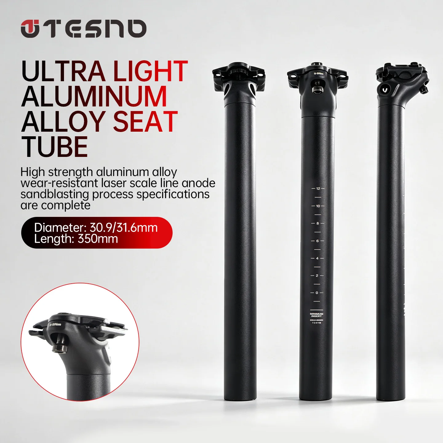 TESNO Ultraleichte Aluminium-Legierung Fahrradsattelstütze 30,9/31,6mm X 350mm Fahrradzubehör für MTB Rennräder Sattel Sitzrohr