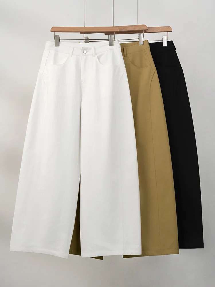 Hochgeschnittene Gerade Hose für Damen, Vintage-Stil mit Klappentasche, Gerade Weite Hose im Koreanischen Stil, Drapierendes Design, Schlankmachende Lange Hose – Detail 17