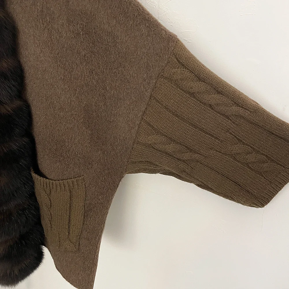 OFTBUY Neueste Luxuriöse Winter-Wollmischungen Echter Großer Fuchspelzmantel für Damen Warme Übergroße Natürliche Pelz-Kaschmir-Wolljacken für Frauen – Detail 6