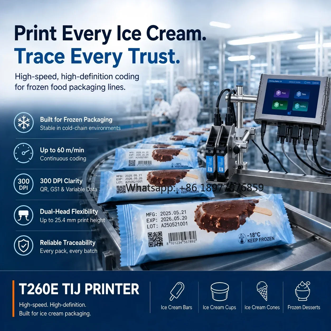 T260e Industrial Thermal Inkjet Printer Docod Food Safe Ink Coding Machine For Frozen Snack Beverage Pharmaceutical Packaging