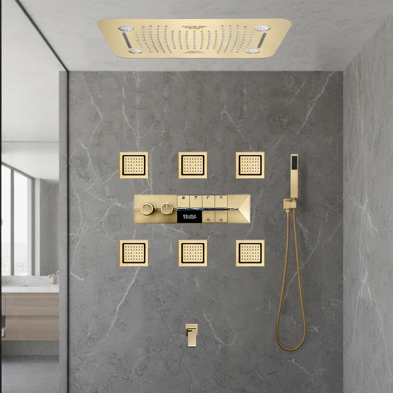 

M Boenn 6 Function Brushed Gold Shower Set Smart Push Button Type Thermostatic Mixer Bathroom Fuacet LED Music Black Shower Head