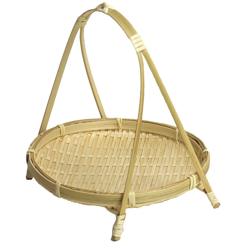 Bamboo Weaving Straw Baskets Tier Rack Wicker Fruit Bread Food Storage Kitchen Decorate Round Plate Stand Container-Sing