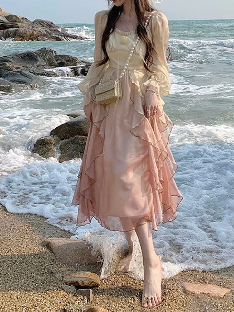 

French Sweet Women Fairy Dress Summer Pink Chiffon Vintage Sweet Dress Women Puff Sleeve Mori Girl Lolita Ruffles Midi Dress