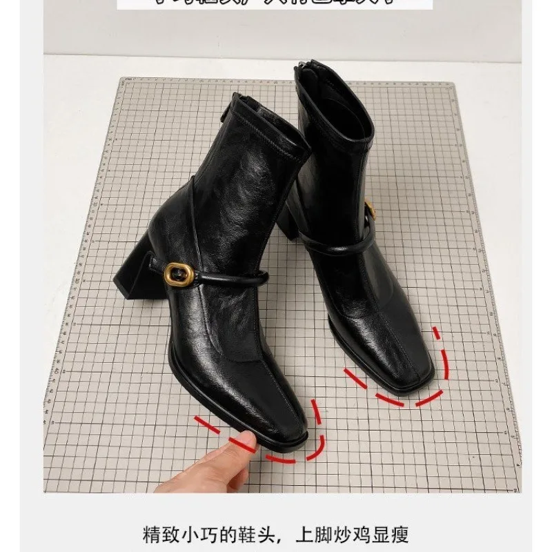 

Square Toe High Heel Skinny Boots Women's French Block Heel Vintage Rear Zip Booties Stretch Fashion Boots