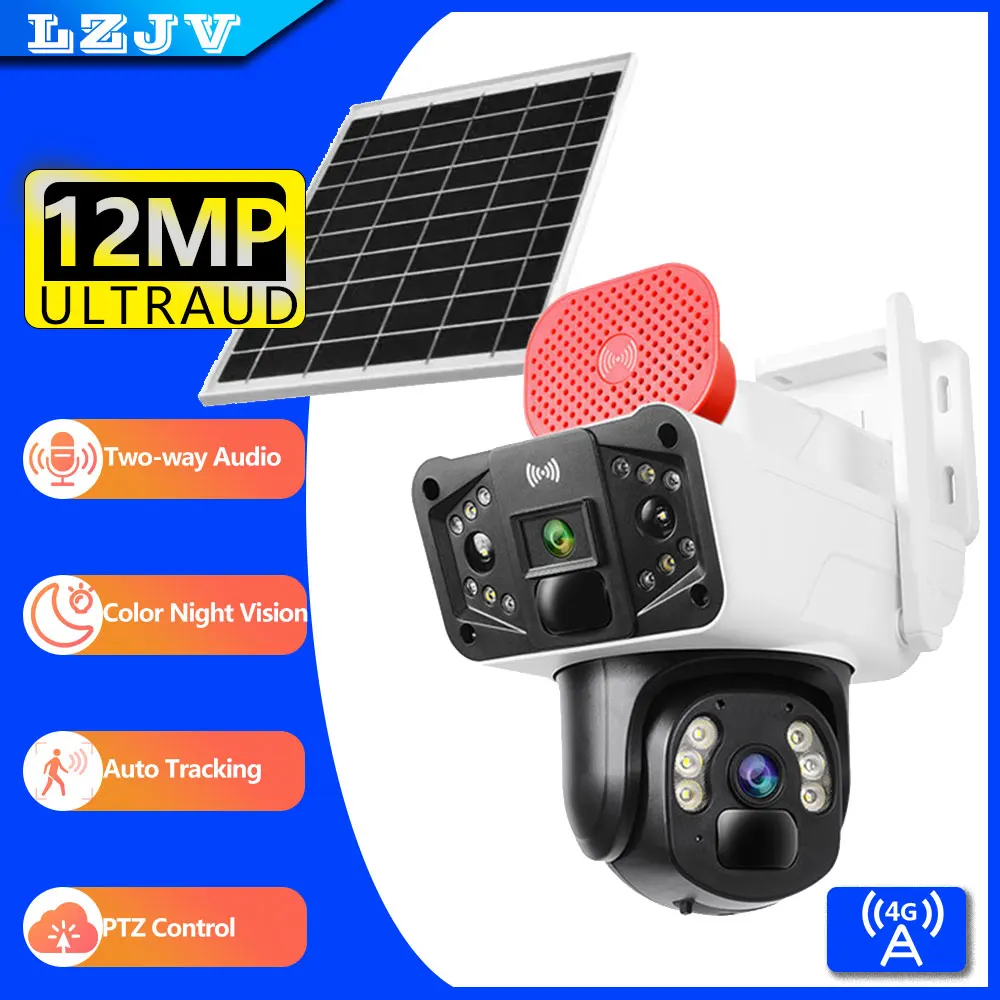 

LZJV 12MP 6K Security Protection IP Camera 4G Wireless Outdoor 4 Lens Three Screens CCTV Video Surveillance PTZ Human Tracking