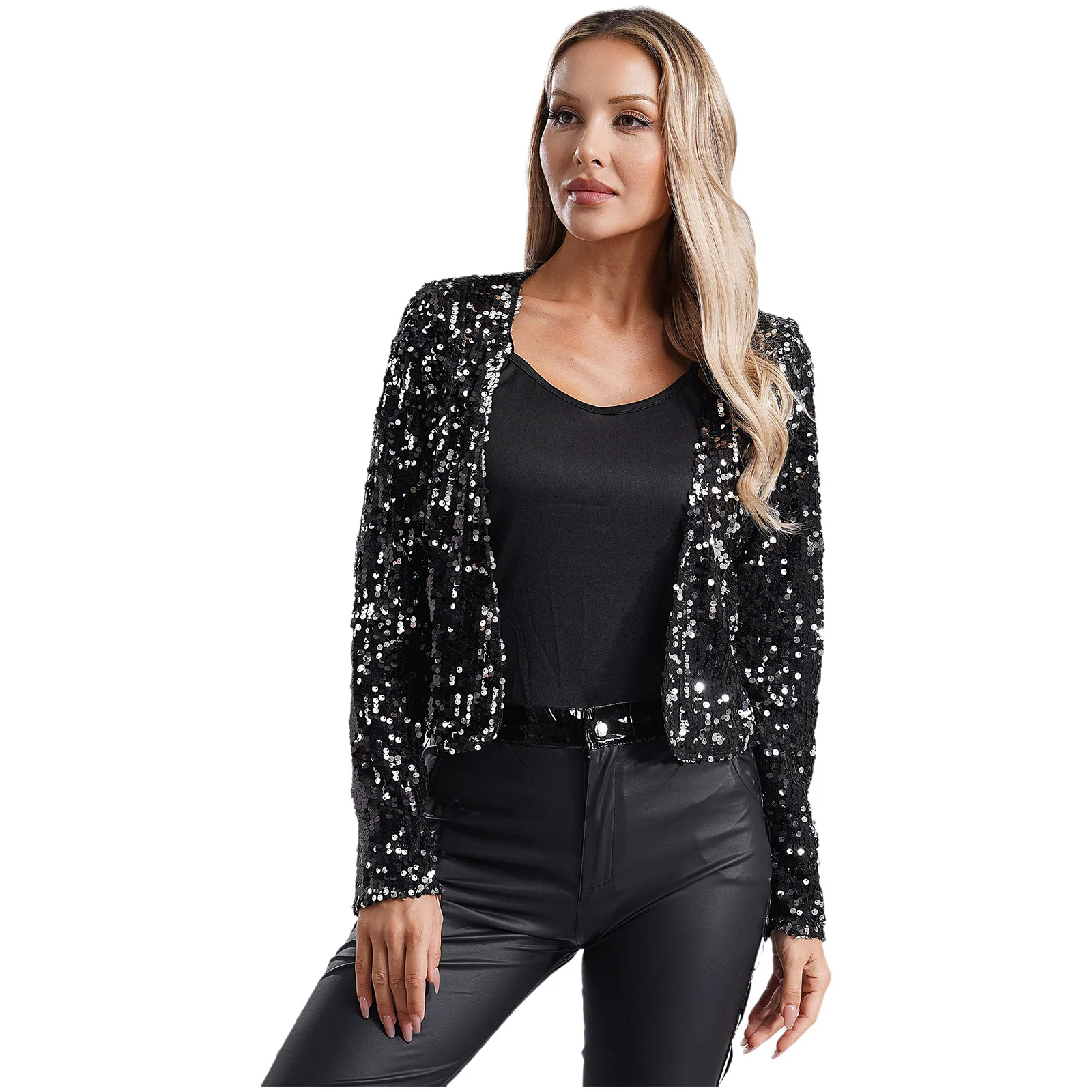 Feminino brilhante lantejoulas encolher colheita jaqueta bolero frente aberta manga longa cardigan para discoteca clube cocktail festa noite envoltório