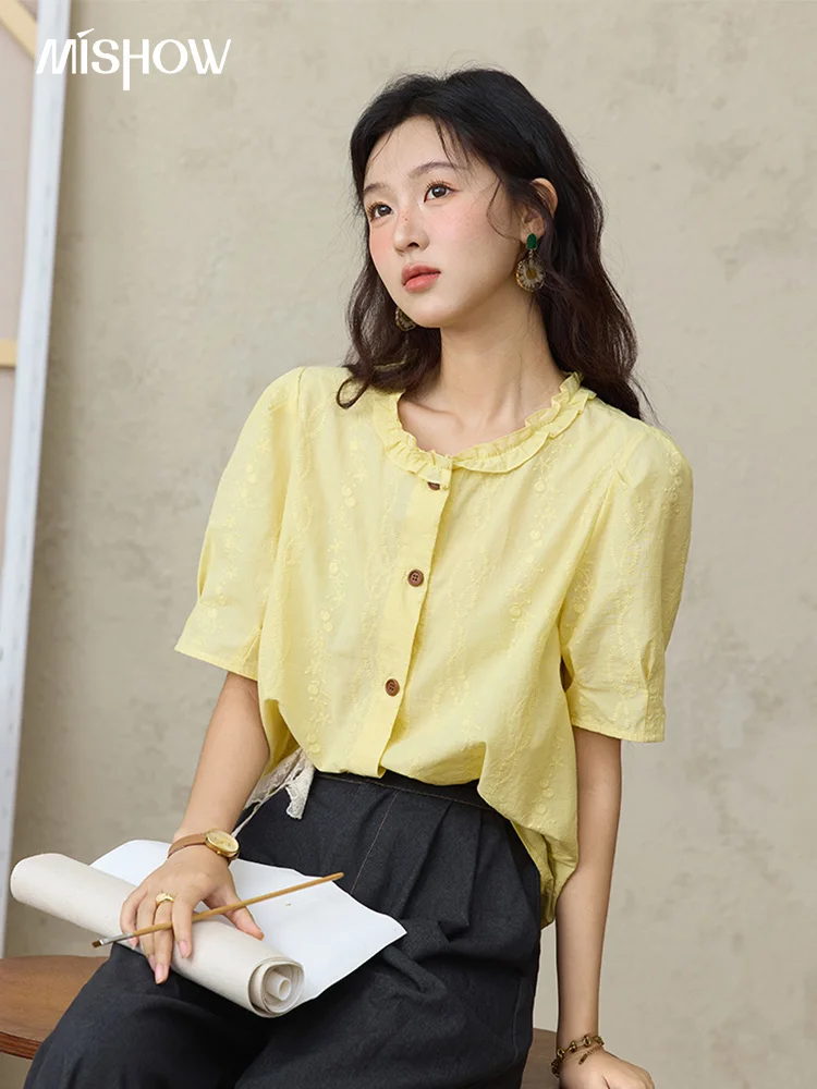 

MISHOW 100% Cotton Women's Puff Sleeve Shirt 2025 Summer New Fashion Round Neck Button Top Casual Female Clothing MXE36X1873