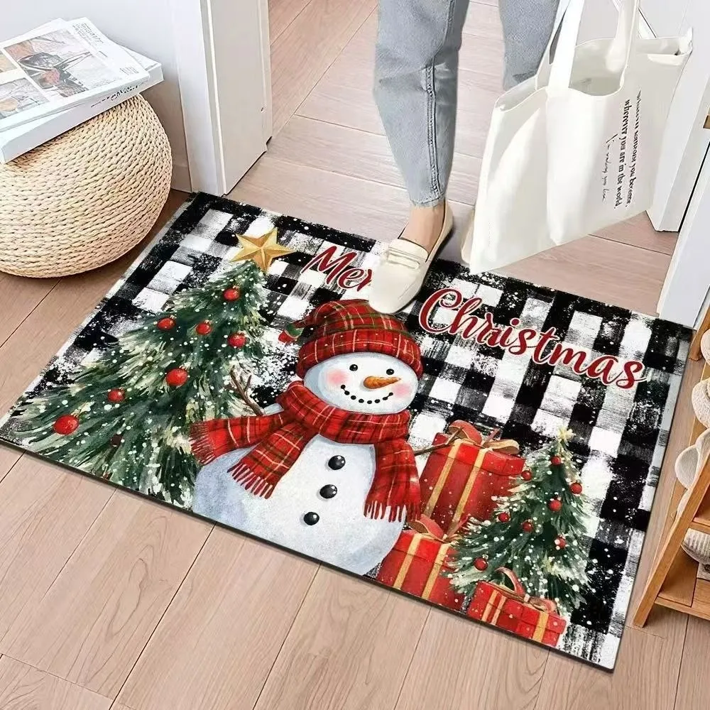 2D Flat Christmas Floor Mat Cartoon Blessing Words New Year Anti Slip Mat Christmas Tree Weaving Texture Welcome Door Mat