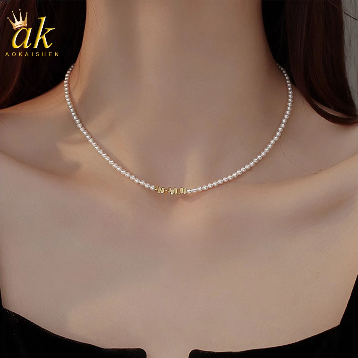 

Aokaishen Silver Shatters Shell Beads Pearl Necklace Women's Versatile Advanced Beaded Colorless Luxury Small Neckchain Jewelry