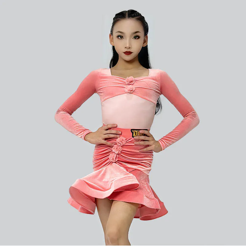 

Latin Dance Competition Suit Long Sleeve Girls Rumba Performance Costume Cha Cha Stage Wear Ruffled Skrit Practice Clothes 1632