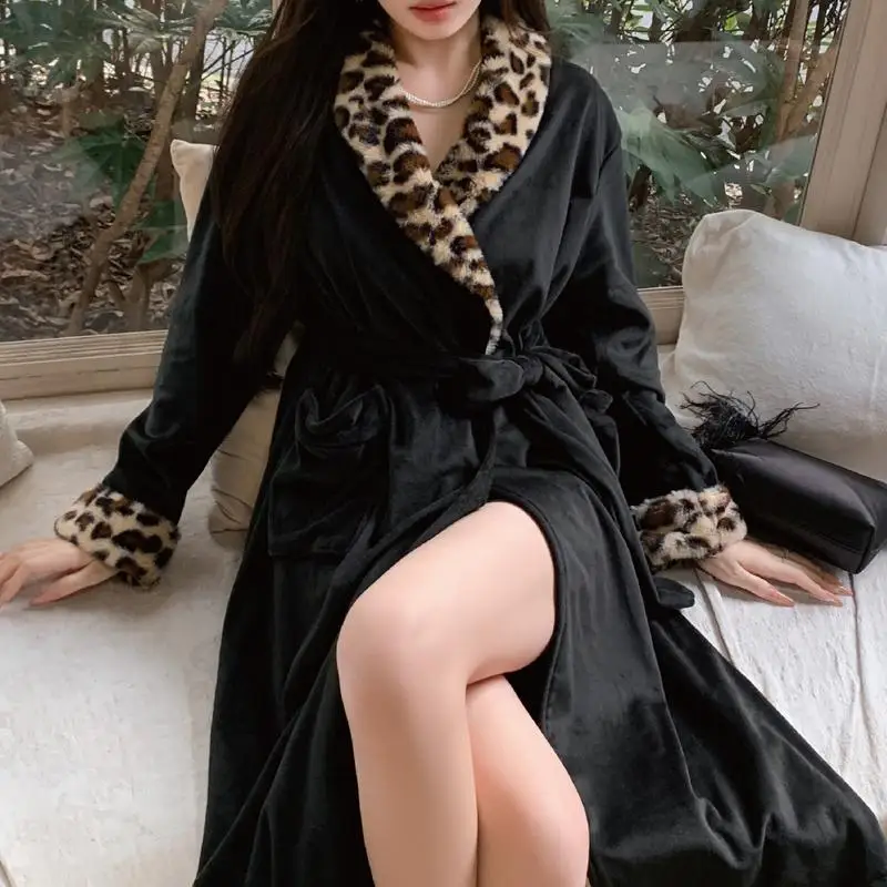 

Роскошный халат с леопардовым принтом, одежда для сна, осенне-зимняя фланелевая ночная рубашка, женский сексуальный теплый халат, кимоно, домашнее платье, одежда для дома