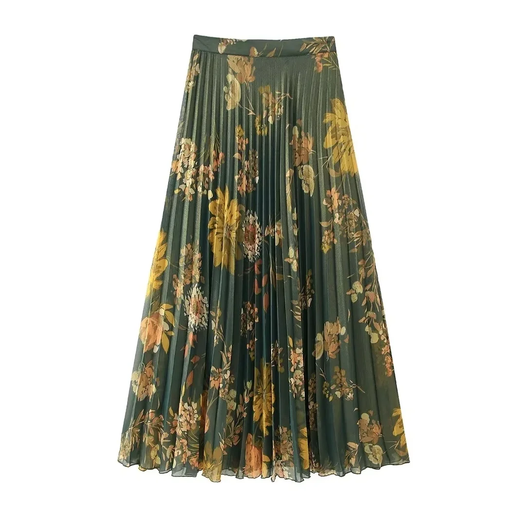 2024 Autumn Printed Women Pleated Midi Skirt Sets For Women Long Sleeve Shirts Tops Women Suits New 2 Piece Women Outfit