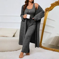 Women 3pcs Clothes Set Long Sleeve Loose Cardigan & Sleeveless Short Cami Tank Top & High Waist Pants Home Wear