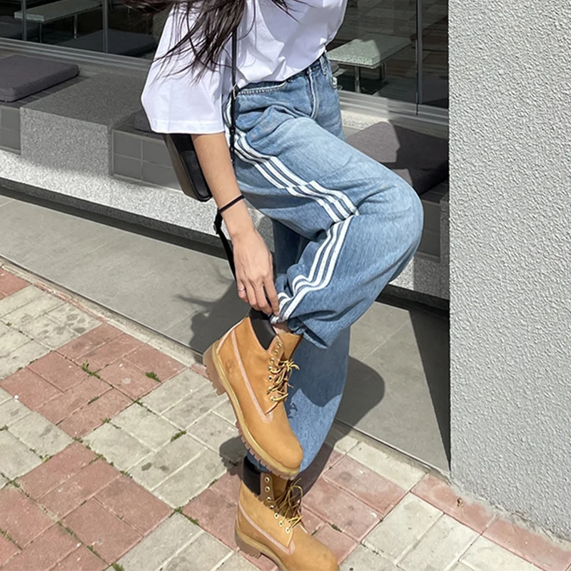 Celana Jeans Wanita High Waist Wide Leg Musim Semi Musim Panas Musim Gugur Gaya Kasual Desain Garis Warna Blo Celana Denim Berlipat