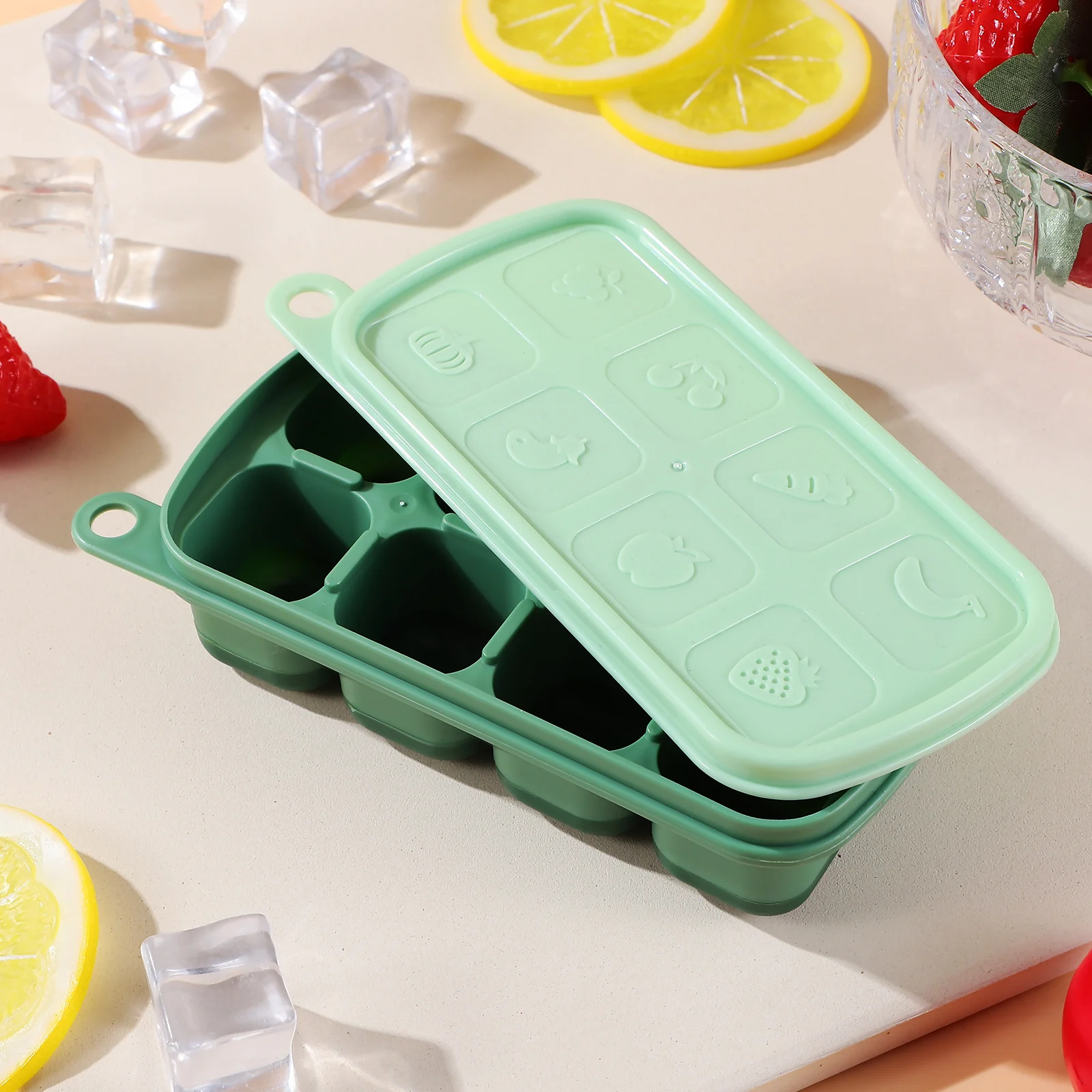 

Silicone Ice Tray 8 Cavities Green Flexible Covered Cube Maker Freezer Food Container Lids Easy Clean Square Mold Storage