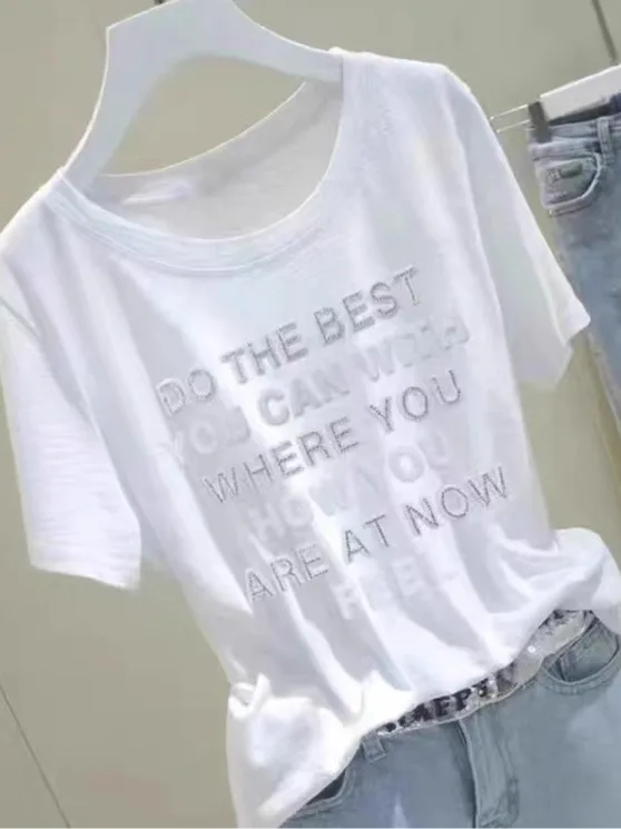 Loose Fit Bamboo Cotton ort Sve T-irt Women's Summer Slimming Top Outlet Brand European Sle Printed Commute Sle