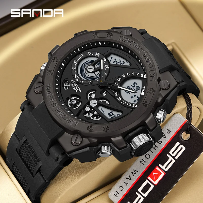 Sanda ساعة رجالي ساعة كهربائية متعددة الوظائف موضة الاتجاه في الهواء الطلق مضيئة ساعة تنبيه مقاوم للماء للصدمات ساعة رجالية 9020