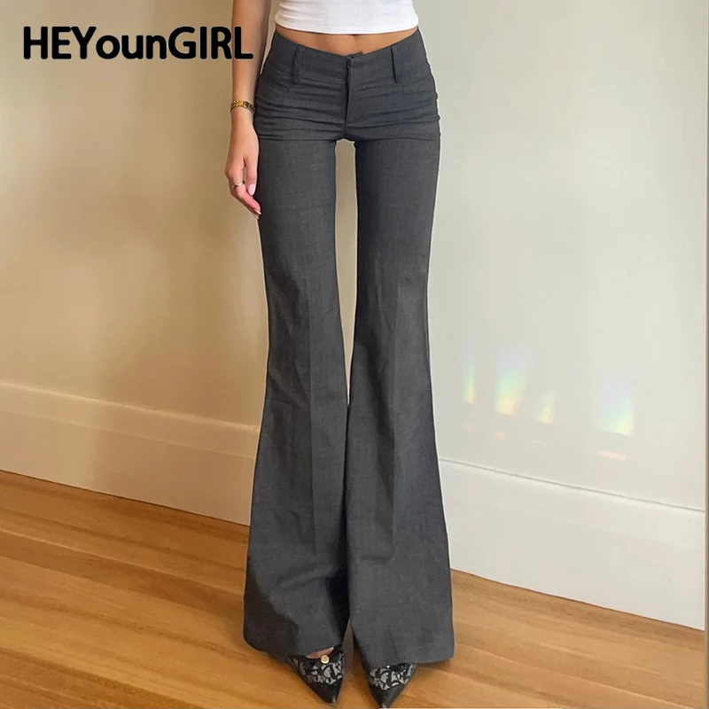 

HEYounGIRL Low Waisted Straight Casual Suit Flare Pants Gray Skinny Fashion High Street Lady Boot Cut Trousers Vintage Y2K