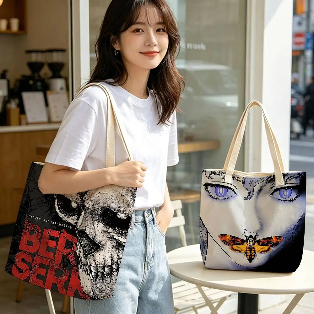 Dark Fantasy Anime Berserk Printed Women Cotton‑Polyester Shoulder Tote Bag Casual Shopping Cases Bag Storage Handbag Gifts