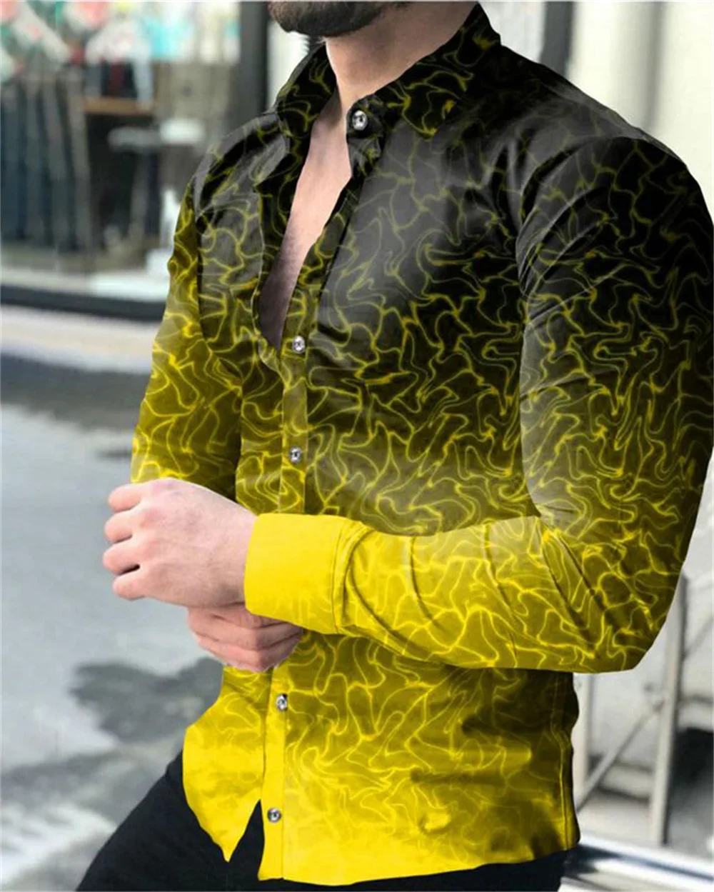 High Quality Yellow Wave Point Fashionable Men's Shirts Button Up Shirts Casual Designer Printed Long Sleeve Tops Lapel Men Tops