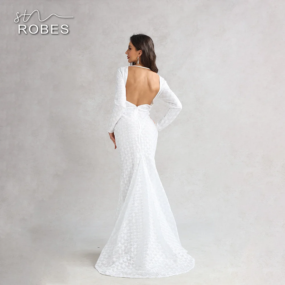 Sequin Backless Fashion Party Evening Dress Sexy Gorgeous Slim Cocktail Gowns For Women White Long Sleeve Elegant Maxi Dresses