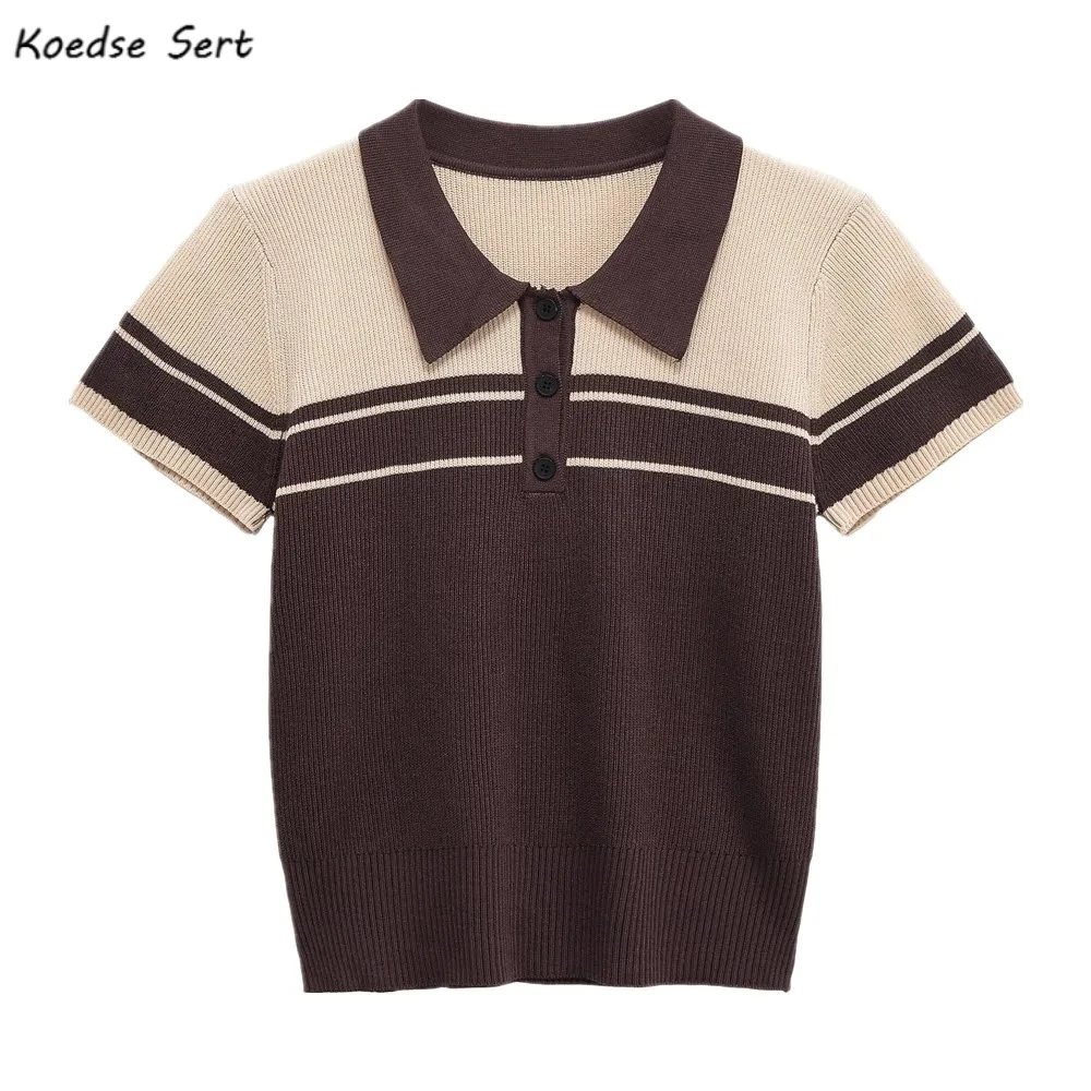 

2025 женский коричневый, бежевый, пуговицы, воротник-поло, вязаный свитер в рубчик с короткими рукавами, пуловеры, трикотаж, универсальные вязаные топы, джемпер