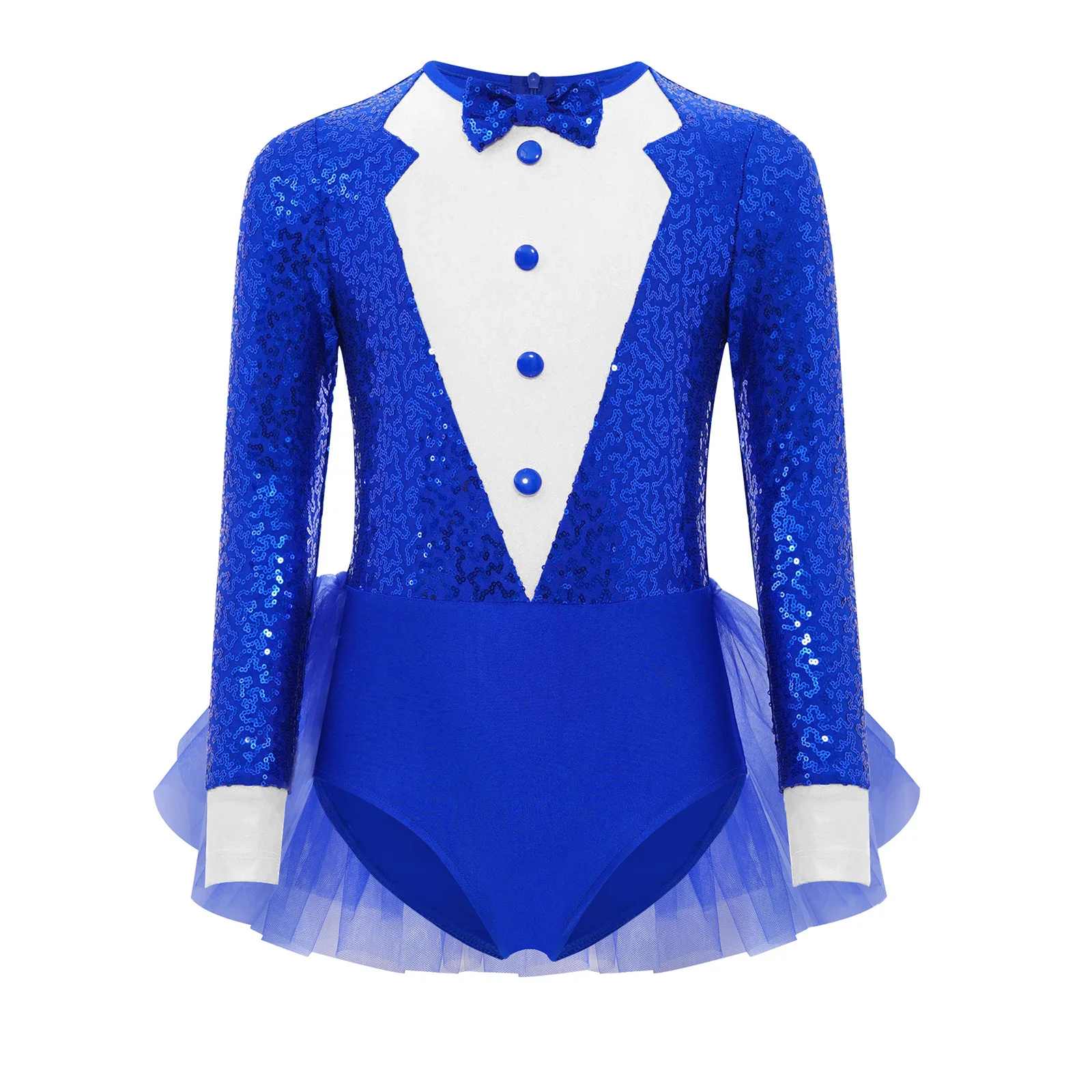 

Kids Girls Jazz Dance Costume Sparkly Sequins Bodice Tulle Skirted Leotard Long Sleeve Round Neck Back Invisible Zipper Bodysuit