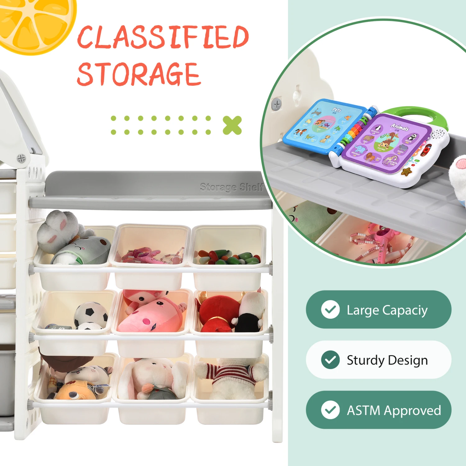 Kids Toy Storage Organizer with 14 Bins, Multi-functional Nursery Organizer Kids Furniture Set Toy Storage Cabinet Unit with HDP