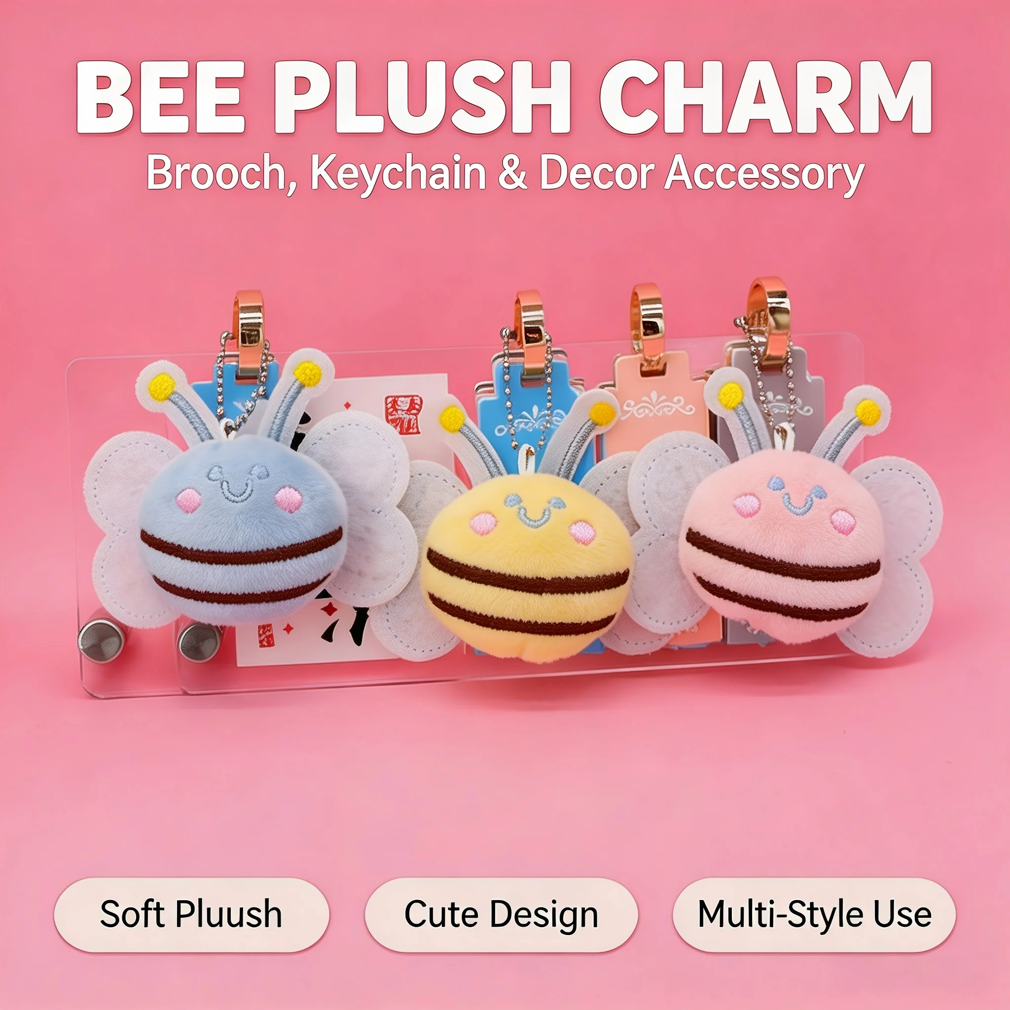 Cute Cartoon Bee Plush Doll Charm 2‑in‑1toy Keychain, for Backpack Clothing Decoration Soft Stuffed Decor Accessory Ornament