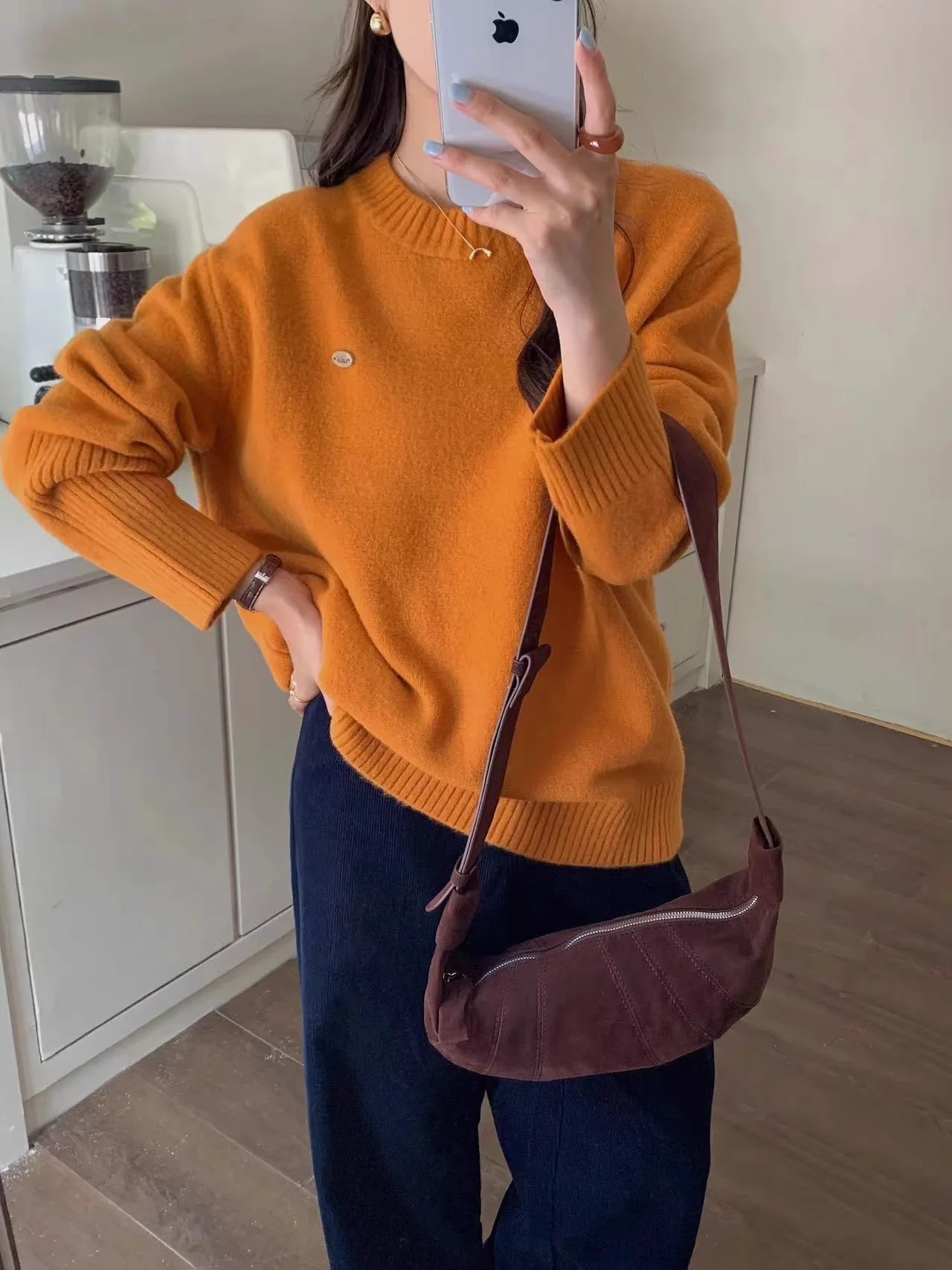 

Корейский круглий пуловер Laid-ba Sle Ne, осень-зима, свободный универсальный простой элегантный тонкий вязаный базовый свитер