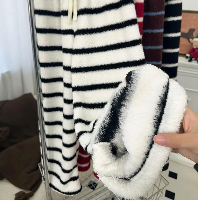 

Girl Half Velvet Pajama Pants Autumn and Winter Stripe Keep Warm Thicken Loose Elasticity Lazy Outerwear Home Pants Dopamine