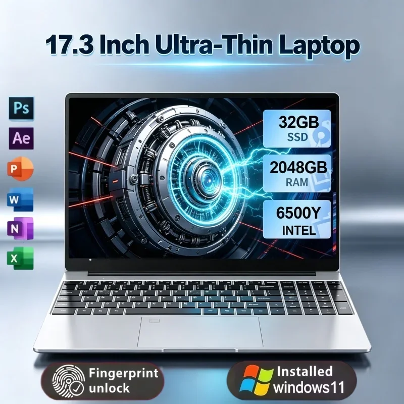 Intel 6500Y 17.3 Inch Laptop PC 32GB RAM 2TB SSD Windows 11 Fingerprint Notebook For Media Play & Office Work