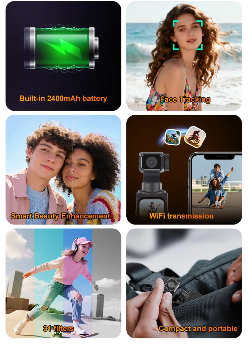 Ourlife 4K Pocket Action-Kamera 330 ° Auto-Rotierende Sportkamera mit Touchscreen, Gesichtsverfolgung und tragbarem Vlog-Videorekorder – Detail 3