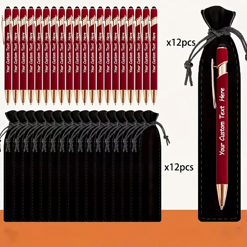 Personalized Custom Logo Can Be Laser-Engraved with Names and Dates, 12 Sets (12 Pens + 12 Bags), Customizable Luxury Soft-Touch Pens, Comes with a Black Pen Case, Rubber Ballpoint Pens, Personalized Writing Tools, Ideal for Engraving Names and Company Logos, Perfect for Men, Anniversaries, Christmas, Birthday Gifts, and Stationery